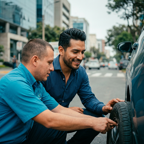 Hombres cambiando la llanta de un auto simbolizando las asistencias de un seguro vehicular