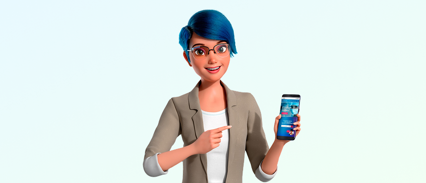 Vera, la asistente virtual de Pacífico Seguros, señalando un teléfono para que la contacten usuarios