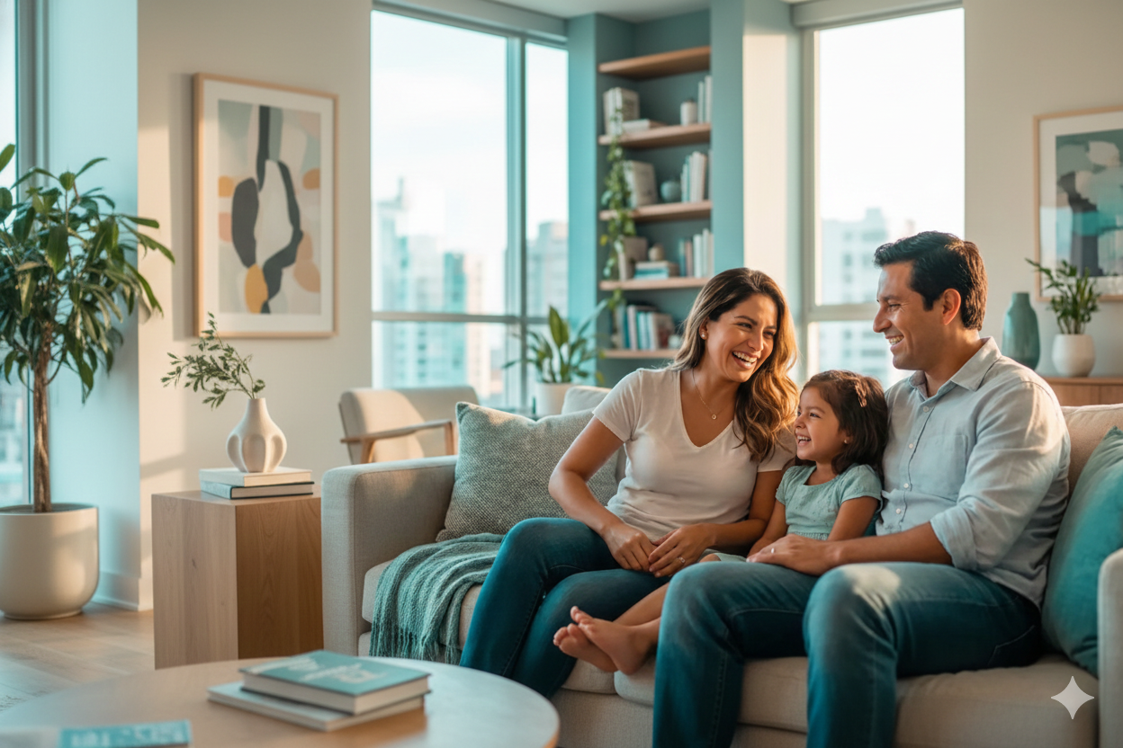 Padres sonriendo junto a su hija al dejarla protegida ante siniestros con un seguro vida devolución