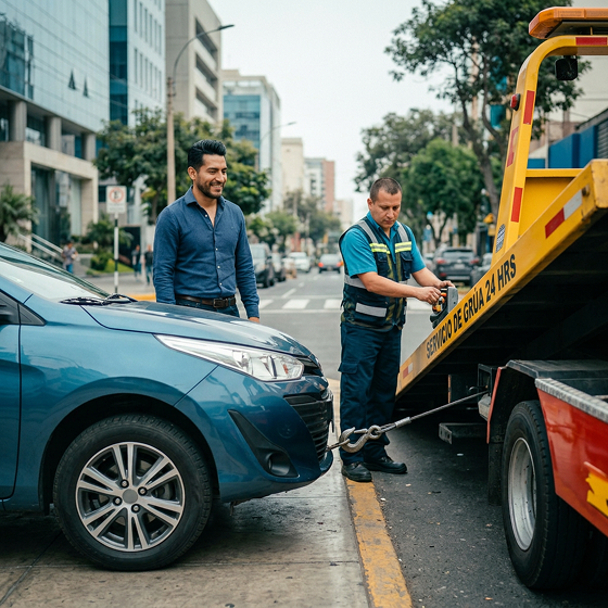 Hombres coordinando el levantamiento de un carro con grúa, simbolizando coberturas del seguro