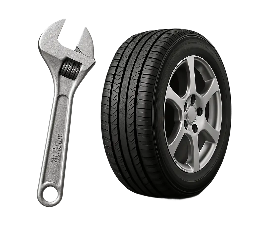 Llave inglesa y neumático representando el servicio de Auxilio Mecánico y grúa.